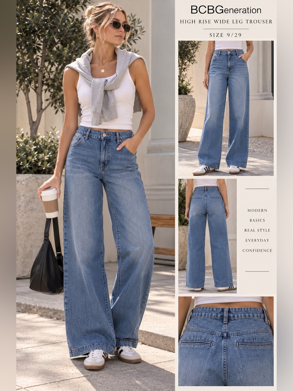 BCBGeneration High Rise Wide Leg Trouser Jeans 9/29 Medium Wash Stretch Denim